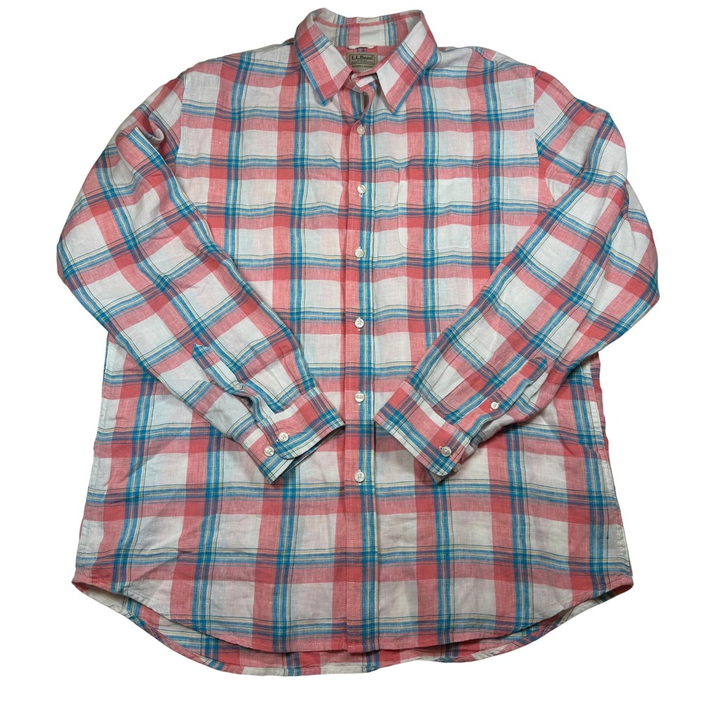 LL Bean Mens Slightly Fitted Large Linen Plaid Button Down Shirt Red Blue 501964